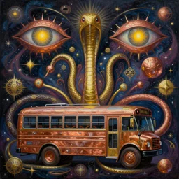 copper and gold scifi astral school bus snake painting of abstract surrealist forms by yvonne mcgillivray by mandy jurgens by michael divine, powerful eyes glowing highly detailed painting, spiritual abstract forms, symmetrical, trending on art station, abstract emotional, very beautiful, fantasy digital art, highly detailed patterned visionary art, magic symbols, by michael divine, cosmic nebula