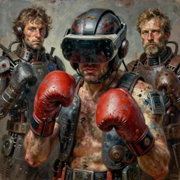 junky boxer's, cybertronic gadgets and vr helmet, durty colours, rotten textures, rusty shapes, biotechnology, bao pnan, tim hildebrandt, wayne barlow, bruce pennington, donato giancola, larry elmore, oil on canvas, masterpiece, trending on artstation, featured on pixiv, cinematic composition, hyper - detailed, hd, hdr, 4 k, 8 k