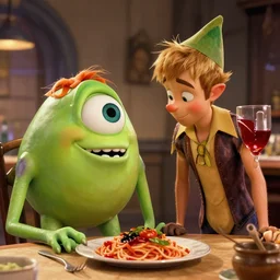 Mike Waazowski and peter pan Lady and the Tramp spaghetti scene