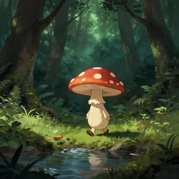 a tiny mushroom person with a mushroom for a head walking by a stream in a lush forest, dramatic lighting, illustration by Greg rutkowski, yoji shinkawa, 4k, digital art, concept art, trending on artstation
