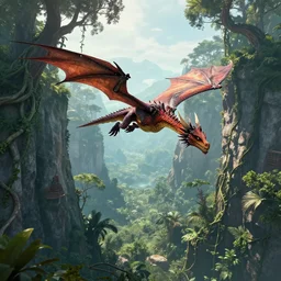a feather dragon flying over high cliffs and jungles with large trees and vines, fantasy, 8k, realistic