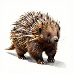 watercolor style echidna, studio photography, full body, isolated on a pure white background, centered, entire subject in frame, sharp focus, soft studio lighting