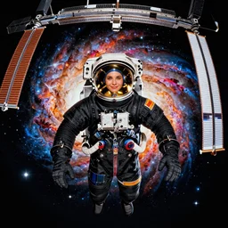 astronaut on board international space station wearing black space suit and gold helmet, colourful, vibrant, minimalist, highly detailed, realistic, portrait, symmetrical, photorealistic, proportional, beauty, fish eye lens, nasa, spacex, galaxies, in the style of Edward hooper sun