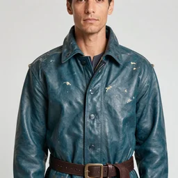 an award - winning closeup photo of a male model wearing a baggy teal distressed medieval leather menswear jacket by boris bidjan saberi, 4 k, studio lighting, wide angle lens