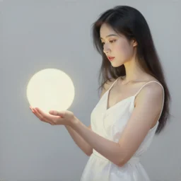a woman in a white dress holding a glowing ball, a detailed painting by ross tran and stanley artgerm lau, featured on deviantart, fantasy art, anime, 2 d game art, official art