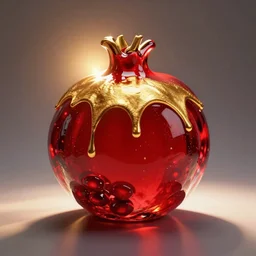 “giant red glass statue of a pomegranate dripping with golden paint, backlit”