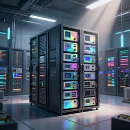 an immaculate volumetric lighting octane redshift render of a large rack of beautiful iridescent device at che center of a in a vast modern datacenter, fog, god rays, and nixie tubes by Zdzisław Beksiński and beeple, beautiful modern colors, ultradetailed, 4k ultra