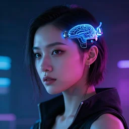 cyberpunk girl wearing a neuralink device on her temples
