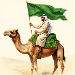 a arabian warrior, ride camel he use green turf and flag, realistic, sketch and art by jacqueline e, colored by bo feng lin