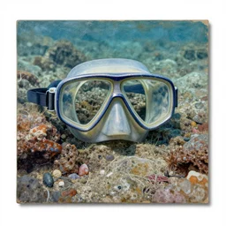 multicolor rocky sea floor glimmering thin contours mixed media aged fresco, abandoned scuba visor