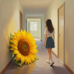a painting of a girl walking in a hallway and suddenly finds a giant sunflower on the floor blocking her way, artstation