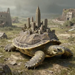 abandoned city built on the back of a huge ancient turtle, greg rutkowski, 8 k, shallow depth of field, intricate detail, concept art,