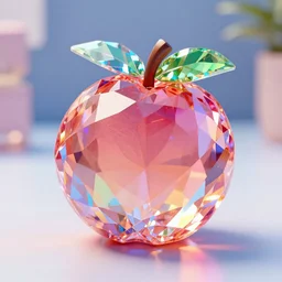 swarovski solid crystal statue of a peach, high octane render, photo realistic, 50mm, vibrant color, rainbow caustic lighting, product display