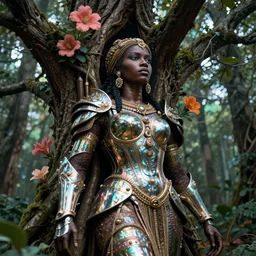 hyperrealistic post - renaissance cinematic super expressive! yoruba goddess with exoskeleton armor, merging with tree in a forest, pink orange flowers, highly detailed digital art masterpiece, smooth cam de leon eric zener dramatic pearlescent soft teal light, low angle hd 8 k, sharp focus