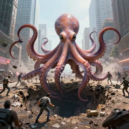 giant octopus monster rising from the huge hole in the ground, big city center, panic and chaos, cinematic action scene, hyper real photo, insanely detailed, octane render, 8 k