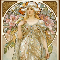 woman in a long dress made sheer, embroidered fabric, gemstones, glitter, wrapped in flowers, long white hair, intricate jewely, realistic, art by alphonse mucha, wlop