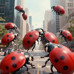 giant ladybugs attacking the city, cinematic, realistic