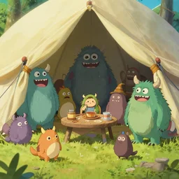 lab to create cute monsters and creatures joyfully playing within a tent at a campsite, close up, natural lighting, playful color scheme, intricate details, matte painting, illustration, by hayao miyazaki