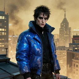 sandman movie still goth man look at the cityscape from roof perfect face fine realistic face pretty face neon puffy jacket blue futuristic sci - fi elegant by denis villeneuve tom anders zorn hans dragan bibin thoma greg rutkowski ismail inceoglu illustrated sand storm alphonse mucha