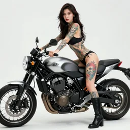 beautiful super model with full body tattoos, riding a motorcycle with boots, realistic, in the style of hiroshi yoshida