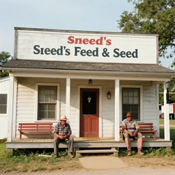 photograph of a rural store, / sneed's feed and seed /, with two rednecks sitting on a porch outside the building.