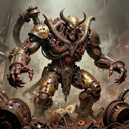 movie still of grave rot demon battle chaos, intricately macerated by age, sentient, dethroned goliath machine, blood turbines, hydrocracking battles, rusted, macerated, eviscerated by fimbria wires, bicornate fungal pit, brass sheen rotting, by alberto bontempi, jack kirby, alex ross, shigeru komatsuzaki