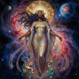 highly detailed digital painting of a black female celestial being experiencing nirvana in space, colorful nebulas and planets in the background, highly detailed, intricate design, cinematic view ,  8k resolution,  artstation,   by Akihiko Yoshida, Alphonse Mucha and Moebius