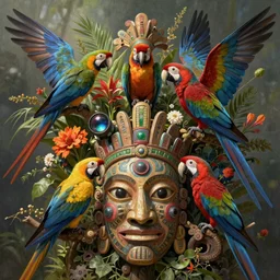 An epic fantastic realism comic book style painting of the most beautiful macaw parrots, bouquets, Shamanic Mask, fisheye lens, unreal 5, DAZ, hyperrealistic, octane render, dynamic lighting