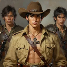 smarta and handsome thai ww 2 hunter in armed, close - up portrait, with cowboy hat, khaki safari suite, intricate, with leather armor cross onbare chest, elegant, loin cloth, highly detailed, oil painting, artstation, concept art, matte, sharp focus, illustration, hearthstone, art by earl norem and lixin yin and denys tsiperko and bogdan rez