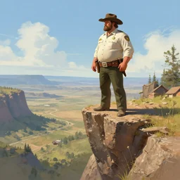 wild west portrait of brawny burly surly sheriff man standing at the edge of a steep sharp cliff extreme drop looking out at the valley, sunny day, digital art by Nerdrum John, William Waterhouse, Winslow Homer, Alex Heywood, Jordan Grimmer, Darren Quach, Greg Rutkowski, Simon Stalenhag, trending on Artstation, CGSociety