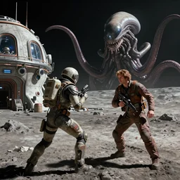 scifi action scene greg rutkowski and raymond swanland digital painting of a habitat on the moon, gigantic tentacle alien approaching in the background, unreal engine, hyper realism, realistic shading, cinematic composition, blender render, octane render, ultrawide shot, 3 5 mm film