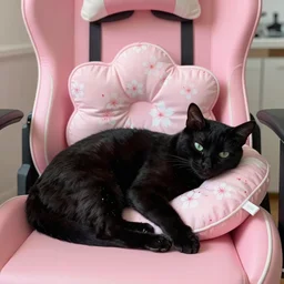 Black skinny cat with dark green eyes sleeping on a pink gaming chair on a sakura pillow