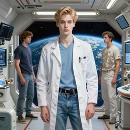 Sensual good looking pale young doctors wearing jeans and cool Tshirt in a space station above Earth, portrait, elegant, intricate, digital painting, artstation, concept art, smooth, sharp focus, illustration, art by artgerm and greg rutkowski and alphonse mucha