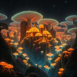 spanish city in a bioluminescent mushroom forest