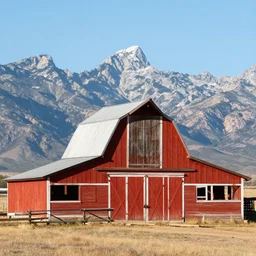 photo of a red barn in direct sunlight, mountains in the background, in arizona, award winning photography