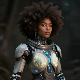 beautiful afrofuturistic himba woman, otjize, glowing spacesuit, himba hairstyle, led details, robotic arms, hyperrealistic, scifi, concept art, stylized, dark, muted colors