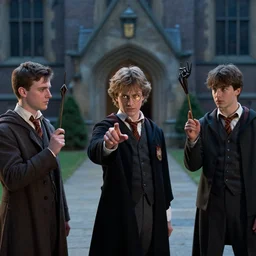 sharp, detailed, film still from a 2 0 1 9 sci fi color movie, set in 1 8 5 0 in an alternate universe, mid distant shot of three students practicing magic, outside the school of magic, 1 8 5 0 s clothing, atmospheric lighting, in focus, reflective faces, 3 5 mm macro lens, live action, good special effects, nice composition