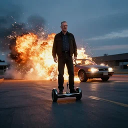 Wide angle photo of walter white on a hoverboard with an exploding car behind him, color, cinematic lighting