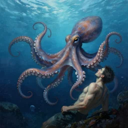 a dream fantasy painting of a octopus attack a man in the deep of the ocean, by beksinki, giger, greg rutkowski, carne griffith trending on artstation, deviantart, photorealism