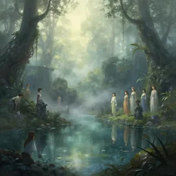 a pond, a view to an eerie fantasy world, ethereal back light, mist, coherent composition, detailed fantasy painting by artgerm, noriyoshi ohrai, yuumei, stephen bliss, unreal engine, fantasy art by greg rutkowski, loish, rhads, ferdinand knab, makoto shinkai, lois van baarle, ilya kuvshinov, rossdraws, tom bagshaw, alphonse mucha, global illumination, radiant light, detailed and intricate environment