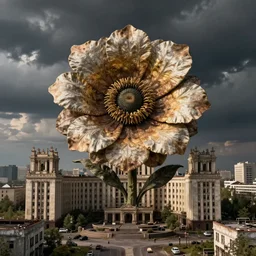 giant grotesque flower in the middle of abandoned post soviet constructivist cityscape, Stalinist architecture, ultradetailed by Josan Gonzalez and Giuseppe Arcimboldo