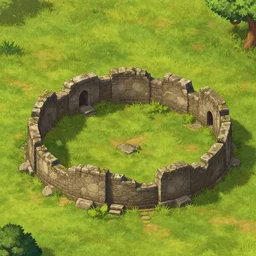 old ruins of a small circular structure in a near empty grassy field from a fantasy themed point and click 2 d graphic adventure game, art inspired by thomas kinkade
