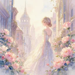 flower metropolis. watercolor and metallic paints by award - winning visual novelist, pastel palette, romanticism, intricate details, depth of field, backlighting