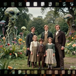 sharp, highly detailed, 435456k film, 1612800mm film still from a sci fi blockbuster color movie made in 2019, set in 1860, of a family standing in a park, next to some strange alien plants and flowers, on an alien planet, the family are all wearing 1860s era clothes, cinematic lighting, good photography, ultra high definition, in focus, 35mm macro lens