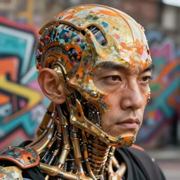 hyperrealistic close-up graffiti! exoskeleton!! chinese man highly detailed concept art eric zener elson peter cinematic hard orange lighting high angle hd 8k sharp shallow depth of field