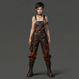 a full body portrait of a beautiful androgynous punk girl with short hair and beautiful eyes, beautiful face, wearing tall combat boots, who is a mechanic wearing baggy leather overalls, digital concept art, detailed digital painting, by j. c. leyendecker and edward blair leighton and charlie bowater, trending on artstation