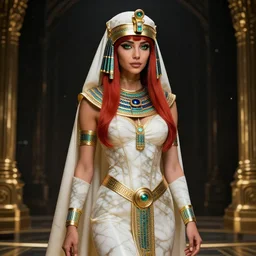 red - haired final fantasy white marble egyptian nun, warframe armor, regal, attractive, ornate, sultry, sexy, beautiful, maesie williams, pretty face, green eyes, scifi platform, 4 k, ultra realistic, epic lighting, illuminated, cinematic, black gold, art by alexandra petruk, voidstar