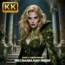 hyperrealistic mid shot portrait of a blonde high detail blue eyes woman as a vampire witch with skin covered by plants and moss, classical stone columns balcony altar alma tedema. by jeremy mann, fantasy art, photo realistic, dynamic lighting, artstation, poster, volumetric lighting, 4 k, award winning