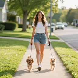 A young woman walking her small dog on the sidewalk in the suburbs. Mid afternoon. Summer.