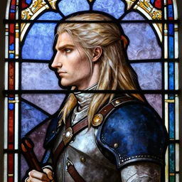side - view portrait of geralt of rivia, in the style of 1 5 th century stained glass window, masterful